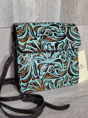 Patricia Nash Balluri Leather Crossbody Bag Purse Turquoise Tooled Floral Suede